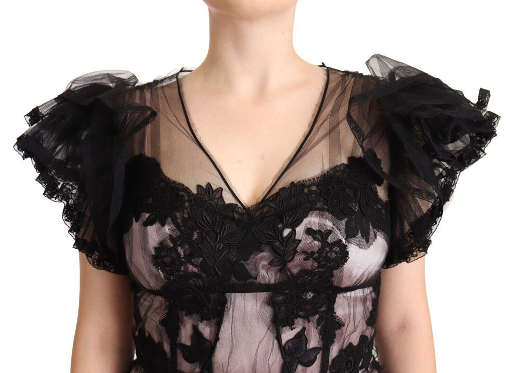 Dolce &amp; Gabbana Black Pink Floral Lace A-line Midi Sheer Dress