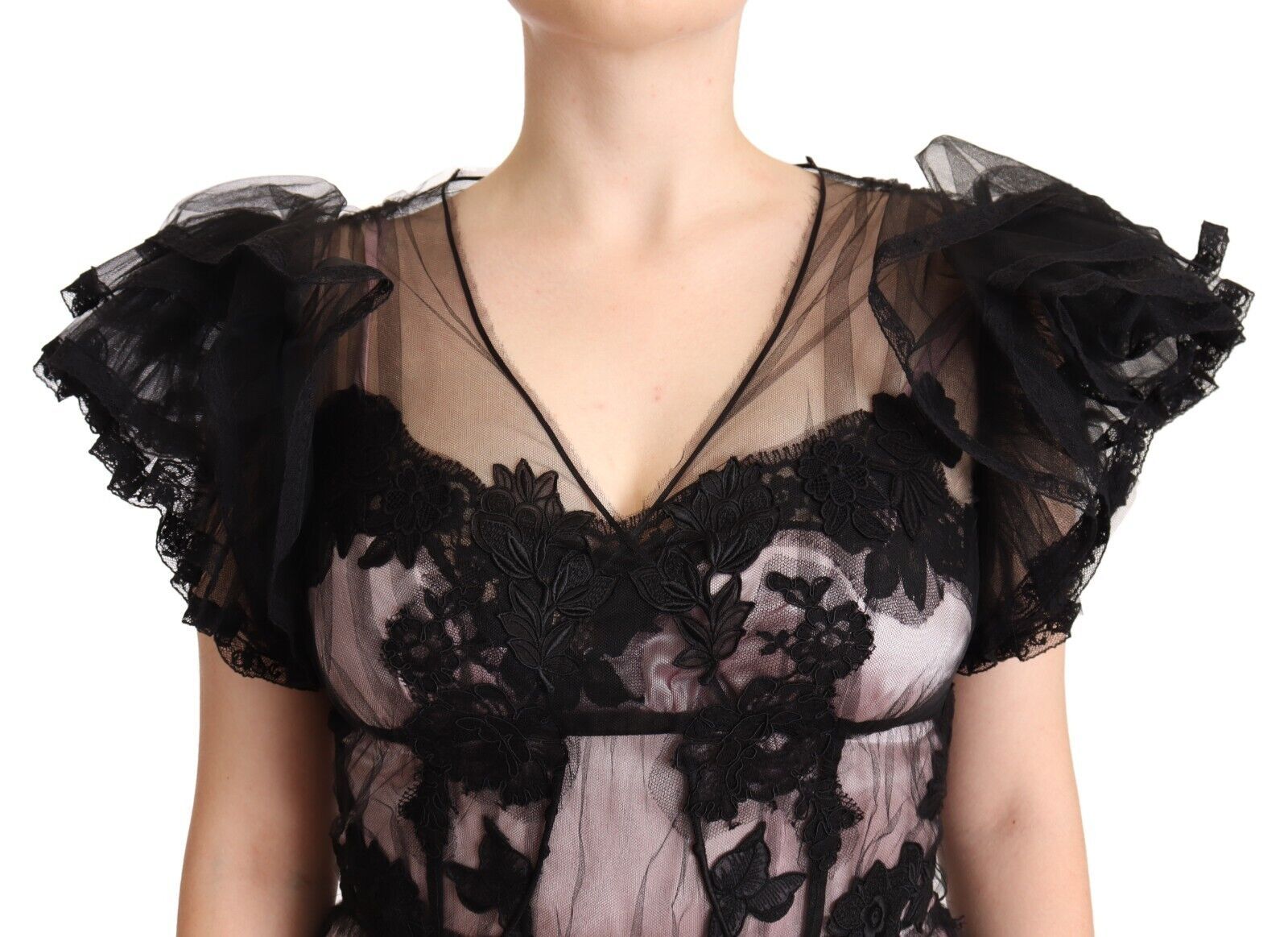 Dolce &amp; Gabbana Black Pink Floral Lace A-line Midi Sheer Dress