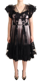 Dolce &amp; Gabbana Black Pink Floral Lace A-line Midi Sheer Dress