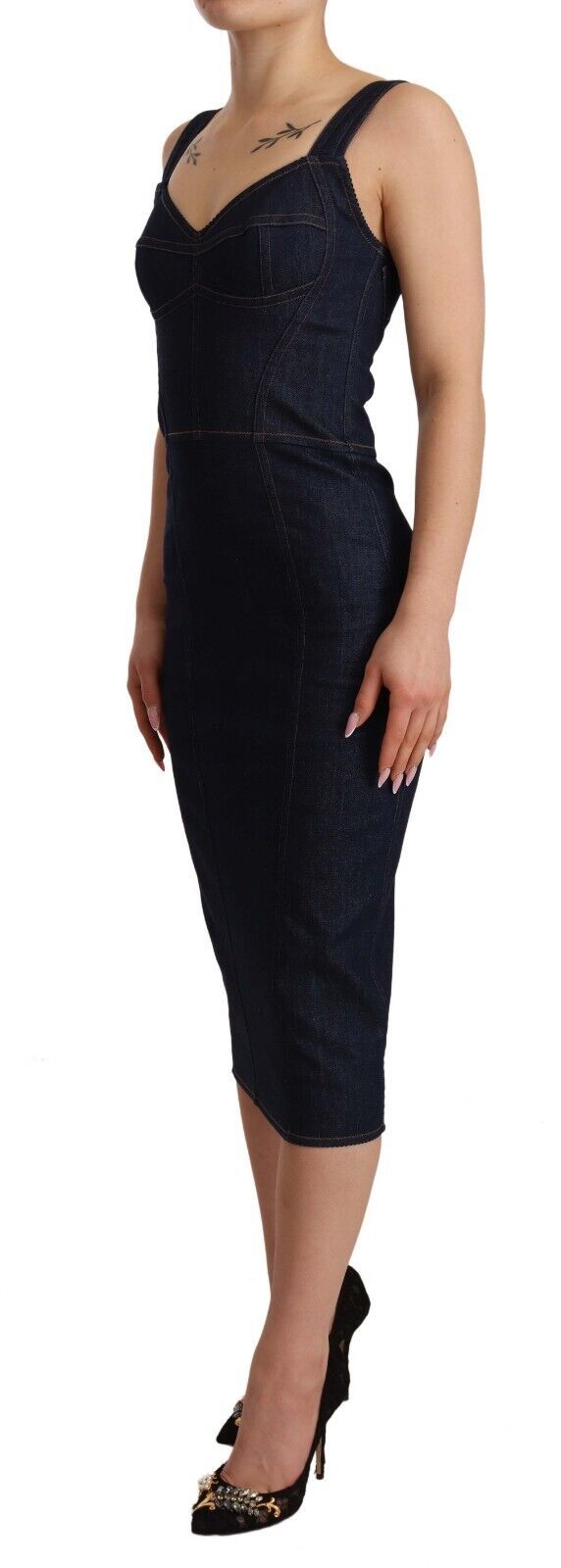 Dolce &amp; Gabbana Dark Blue Cotton Denim Sheath Midi Dress