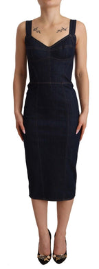 Dolce &amp; Gabbana Dark Blue Cotton Denim Sheath Midi Dress