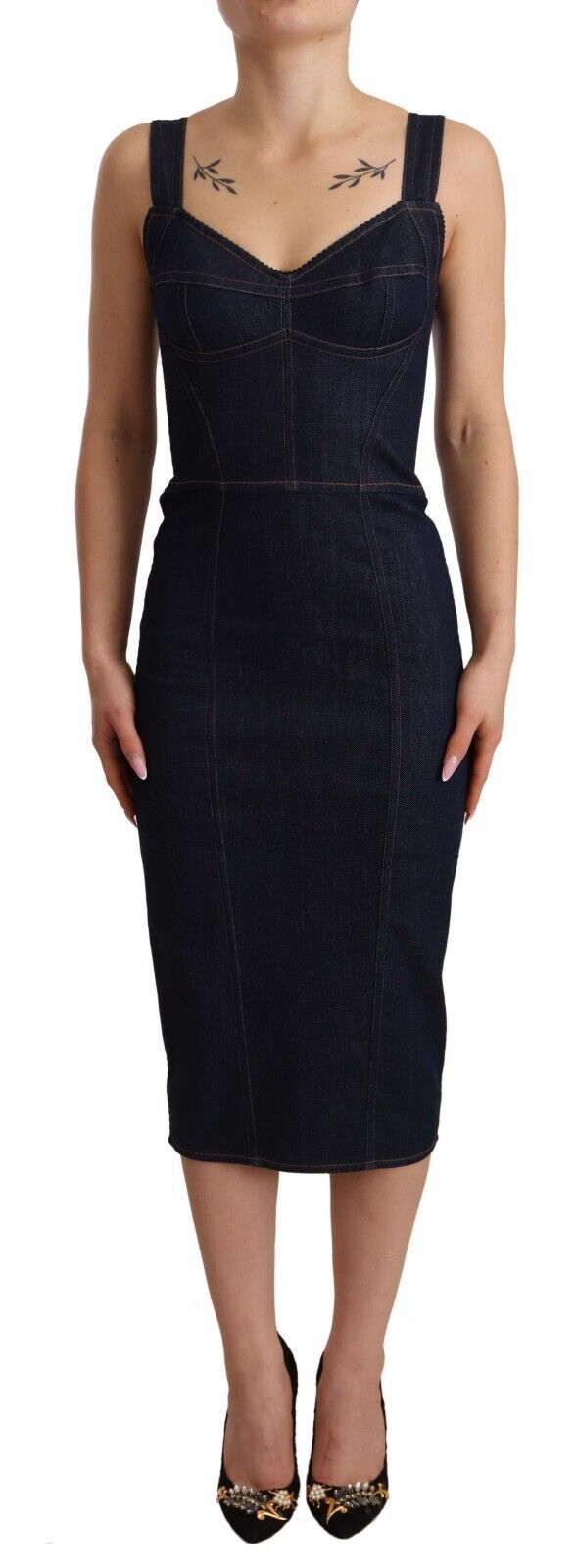 Dolce &amp; Gabbana Dark Blue Cotton Denim Sheath Midi Dress