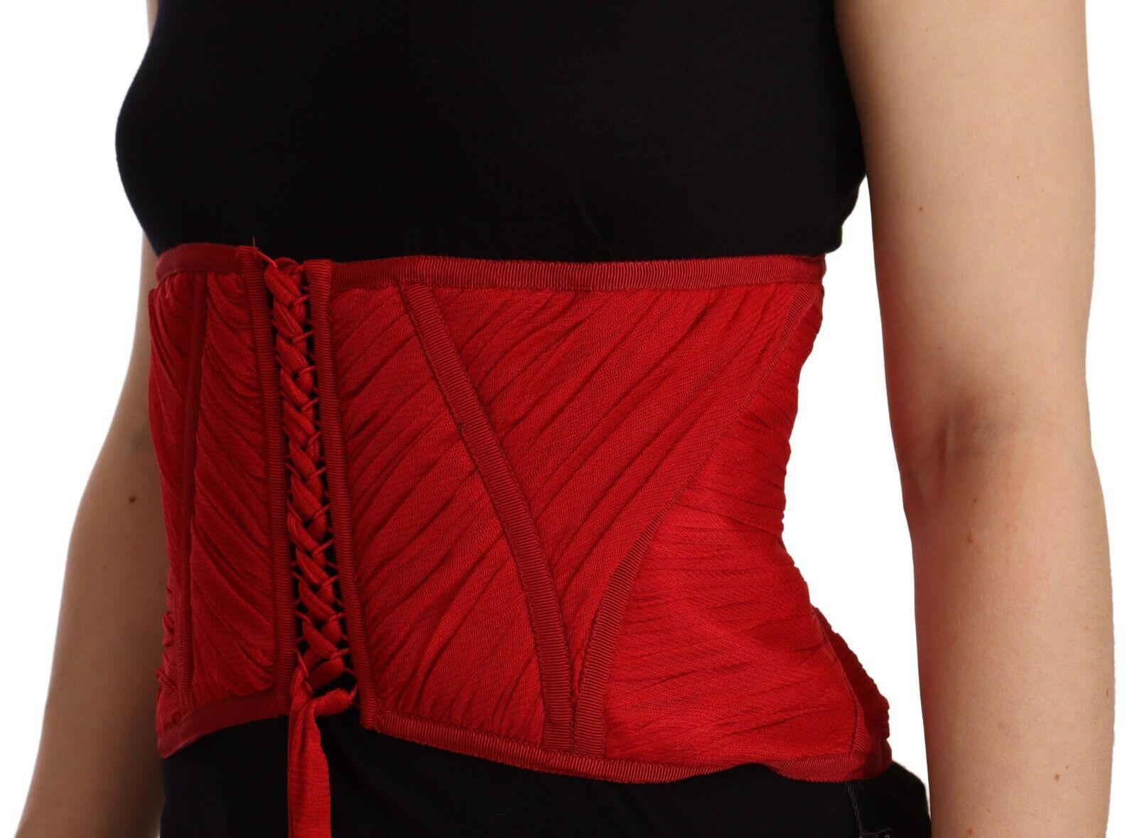 Dolce &amp; Gabbana Red Corset Belt Stretch Waist Strap Silk Top