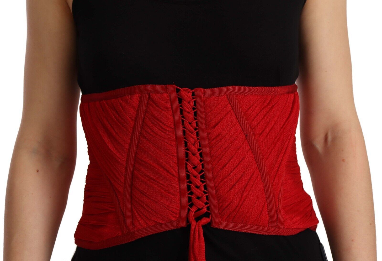 Dolce &amp; Gabbana Red Corset Belt Stretch Waist Strap Silk Top