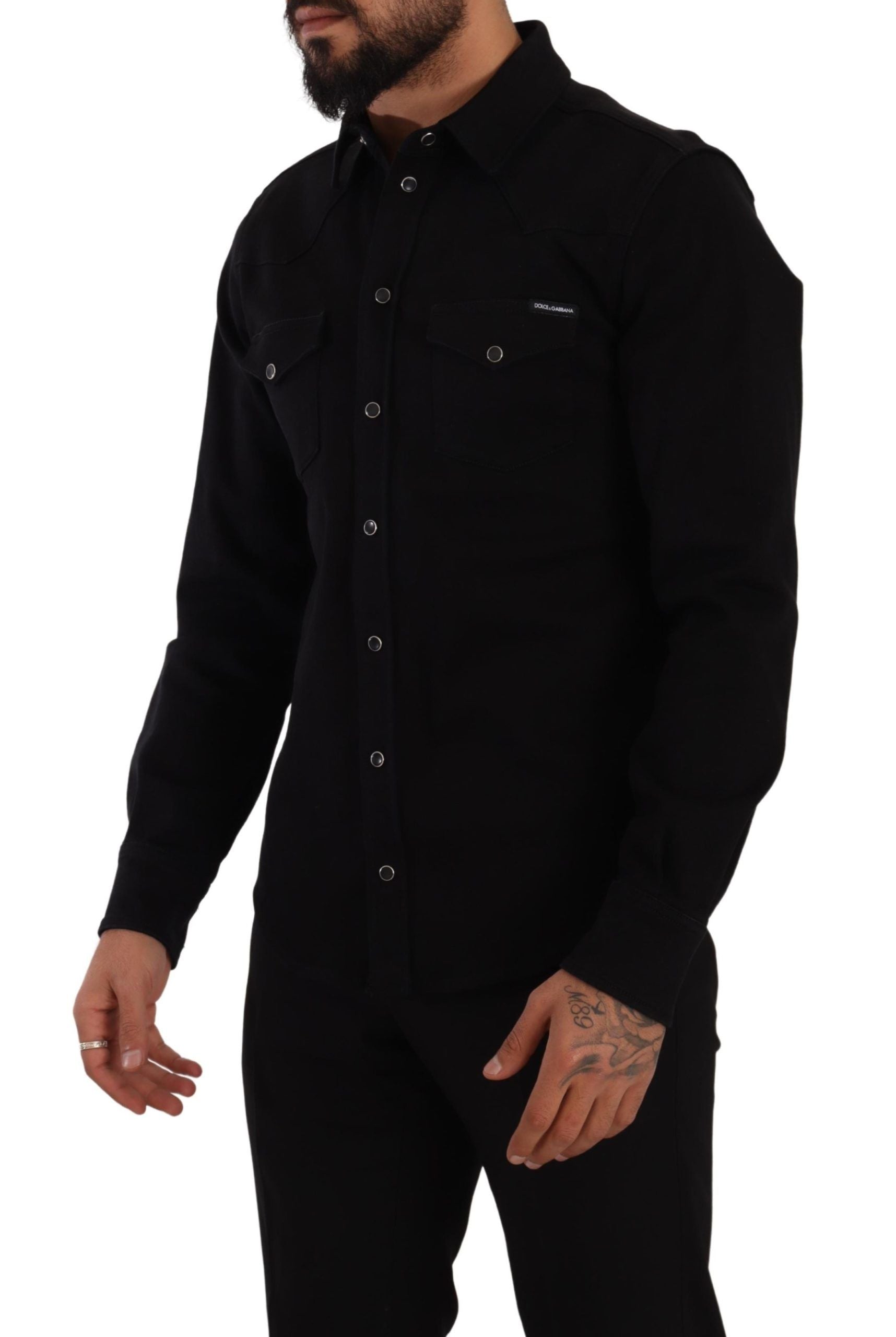 Dolce &amp; Gabbana Black Slim Cotton Denim Stretch Shirt
