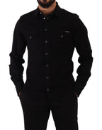 Dolce &amp; Gabbana Black Slim Cotton Denim Stretch Shirt