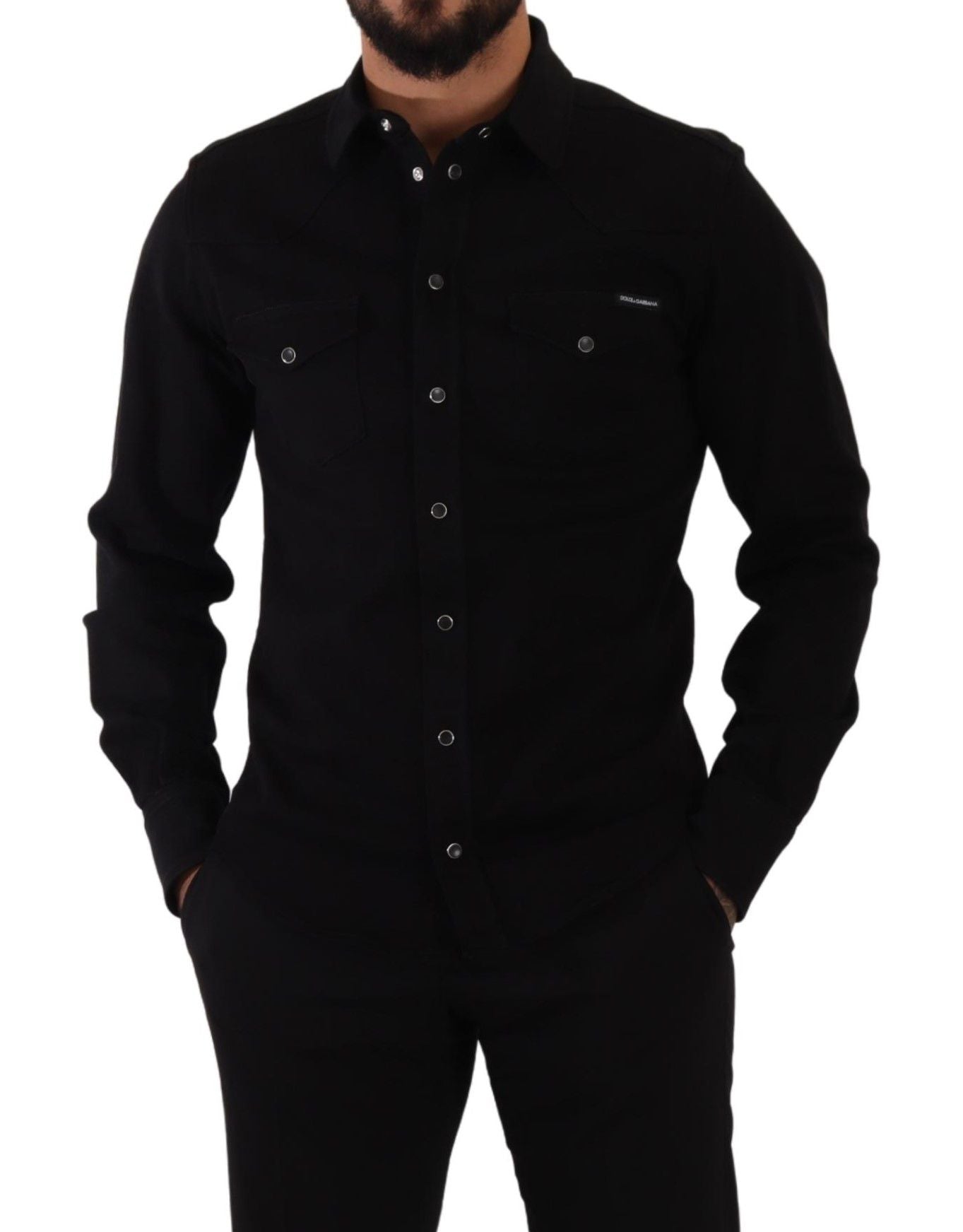 Dolce &amp; Gabbana Black Slim Cotton Denim Stretch Shirt