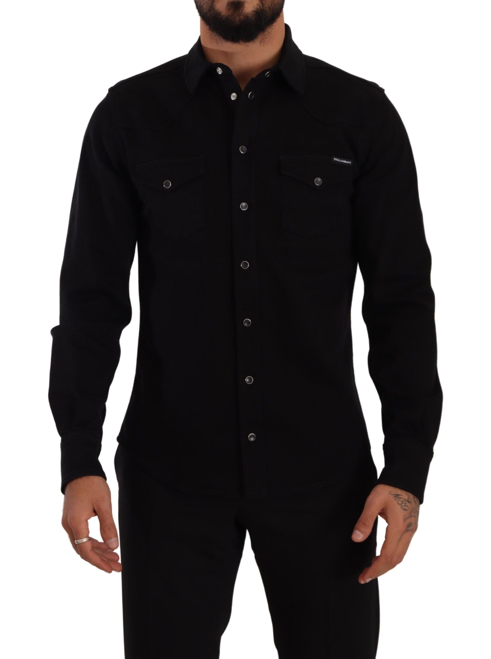 Dolce &amp; Gabbana Black Slim Cotton Denim Stretch Shirt