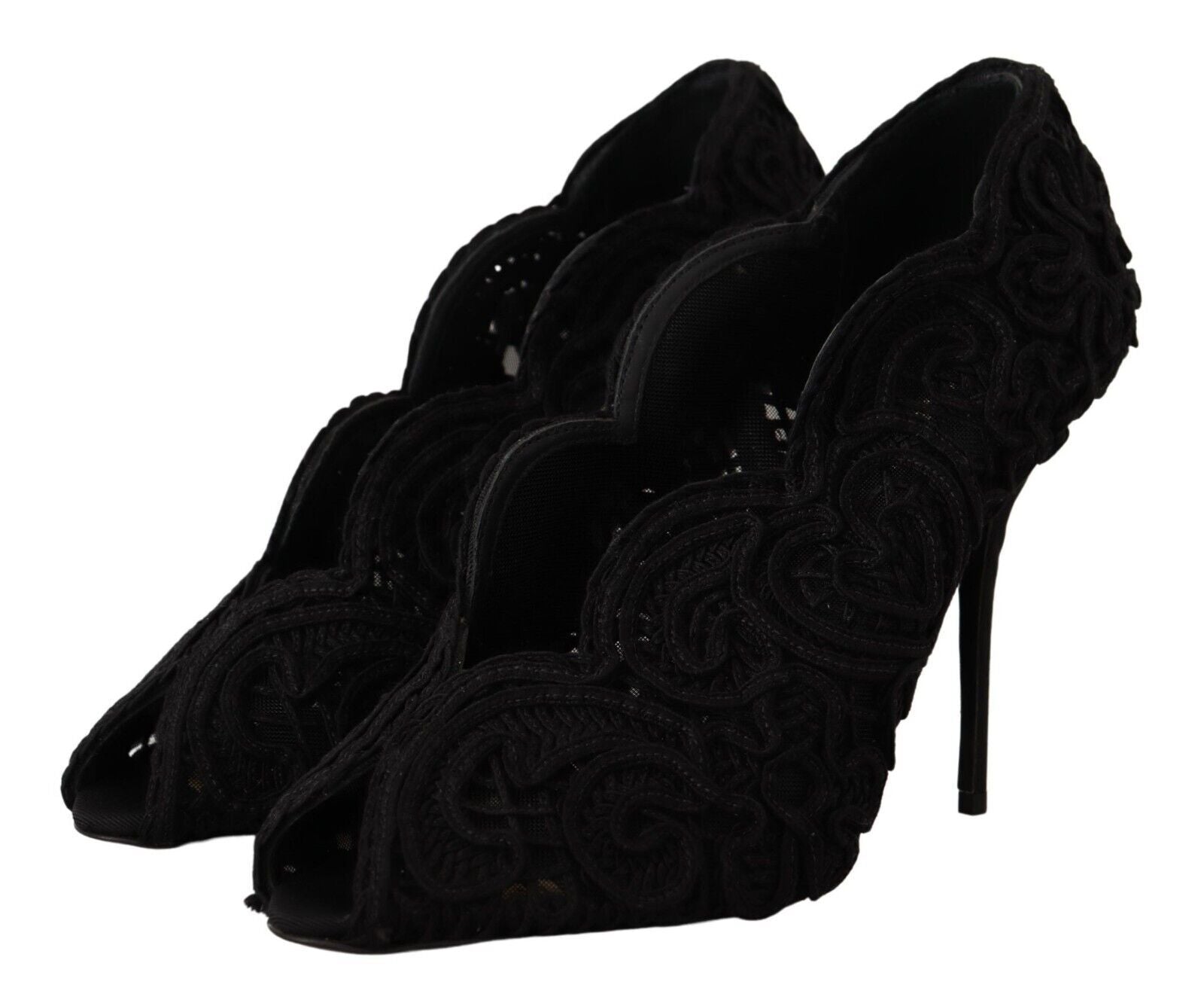 Dolce &amp; Gabbana Black Cordonetto Embroidery Pump Open Toe Shoes