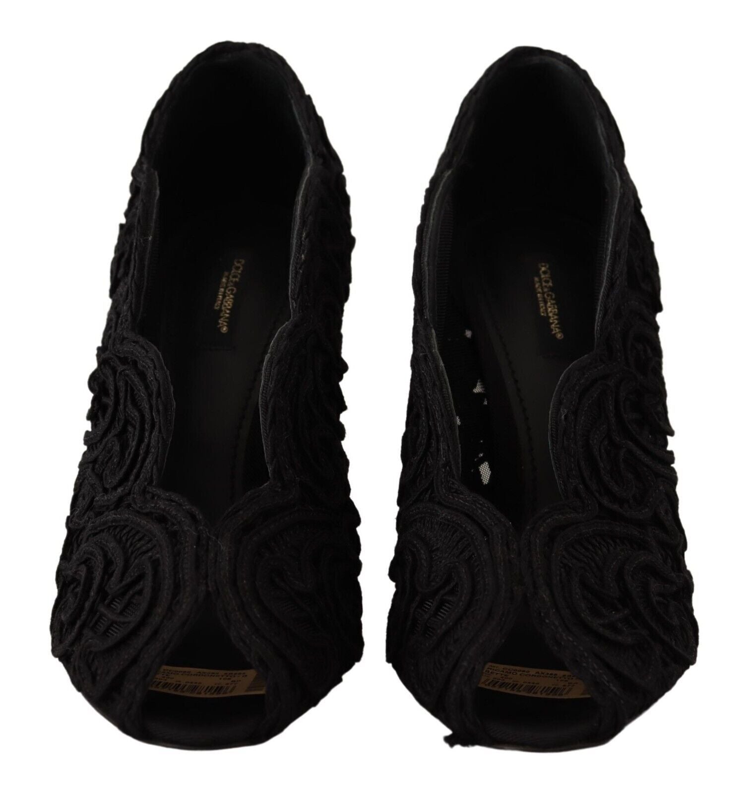 Dolce &amp; Gabbana Black Cordonetto Embroidery Pump Open Toe Shoes