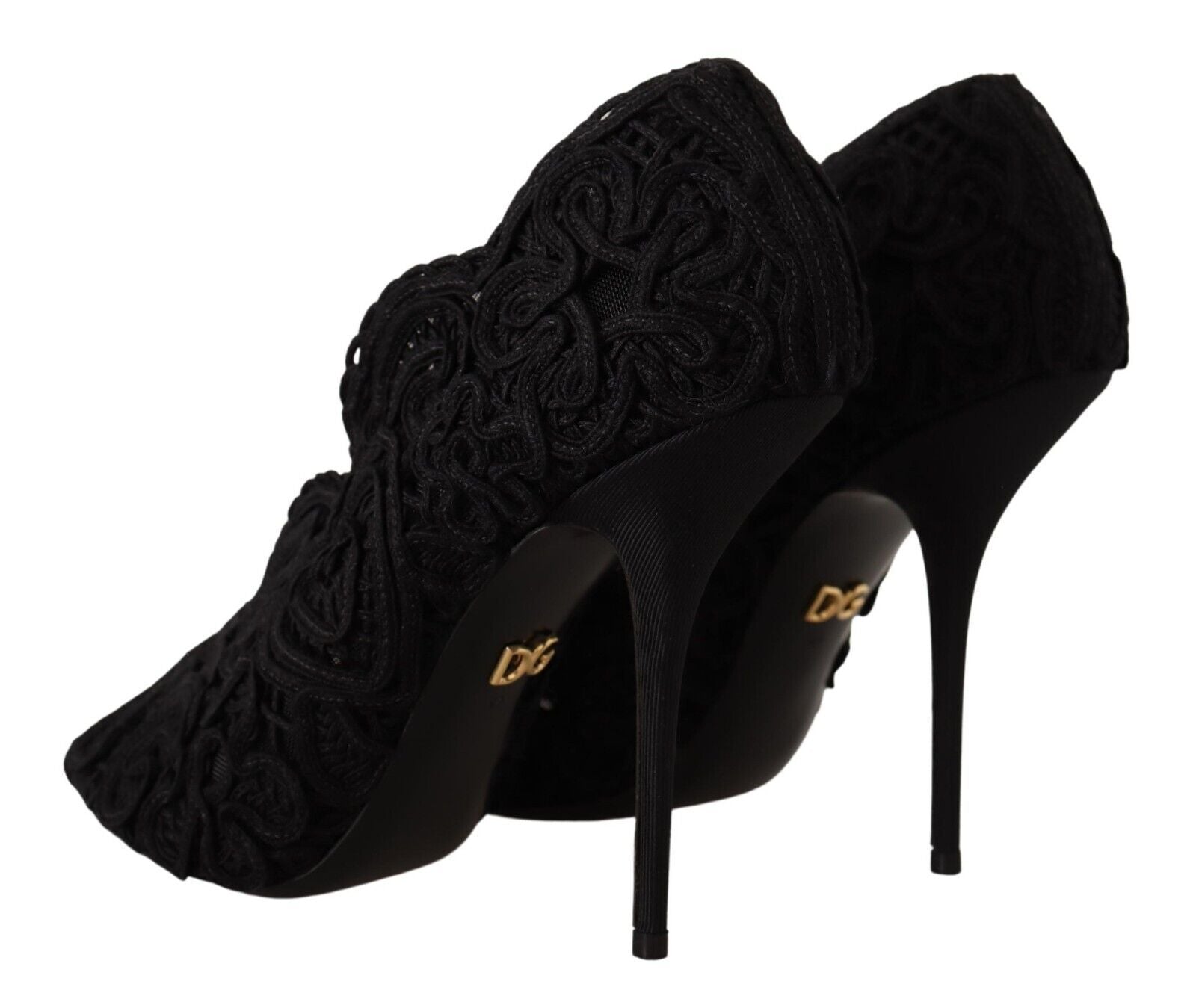 Dolce &amp; Gabbana Black Cordonetto Embroidery Pump Open Toe Shoes