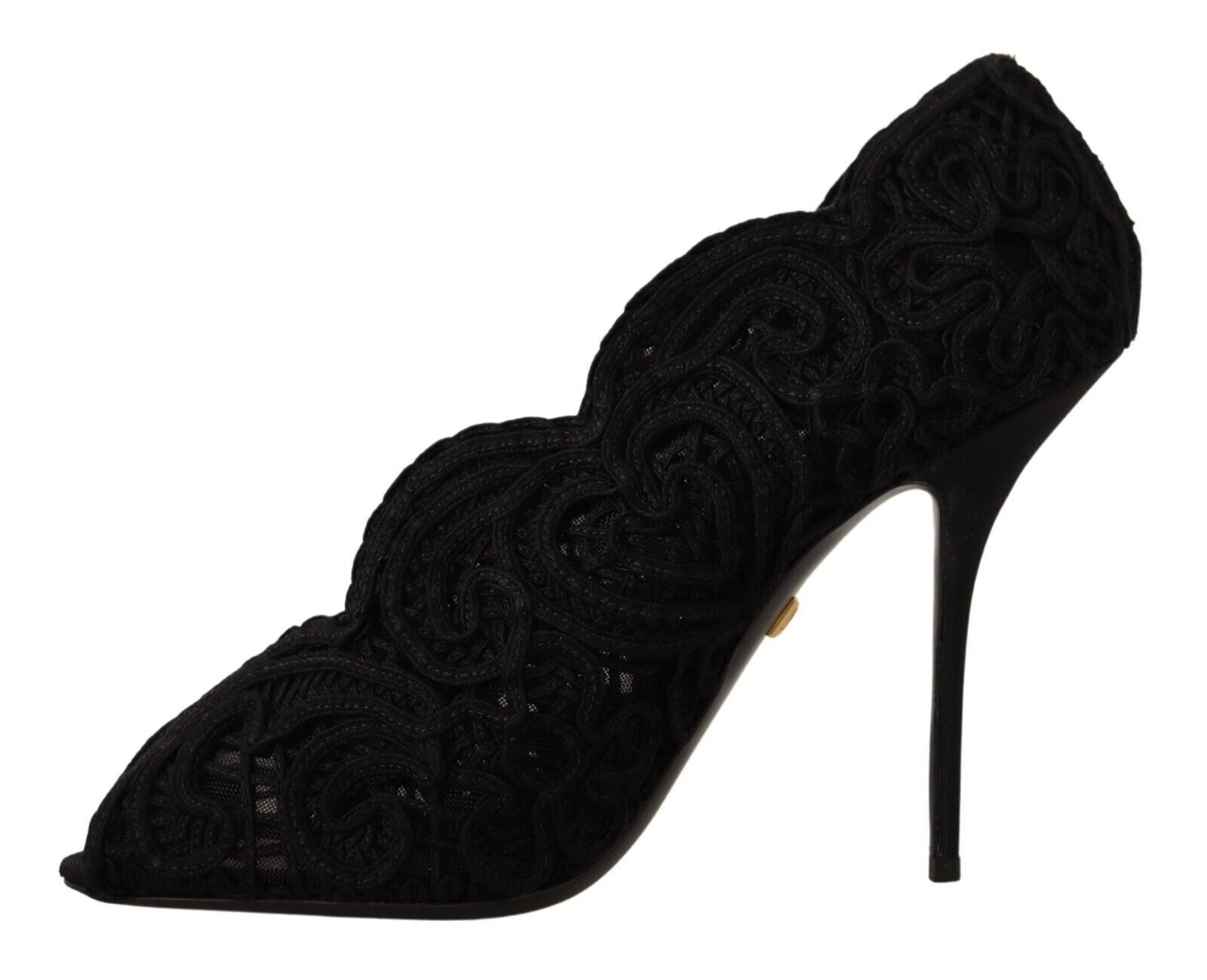 Dolce &amp; Gabbana Black Cordonetto Embroidery Pump Open Toe Shoes