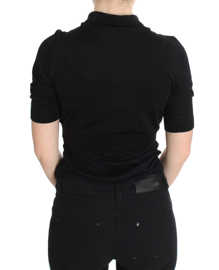 Dolce &amp; Gabbana Black Silk Floral Embroidered Polo Top