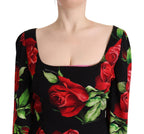 Dolce &amp; Gabbana Black Red Roses Sheath Stretch Silk Dress