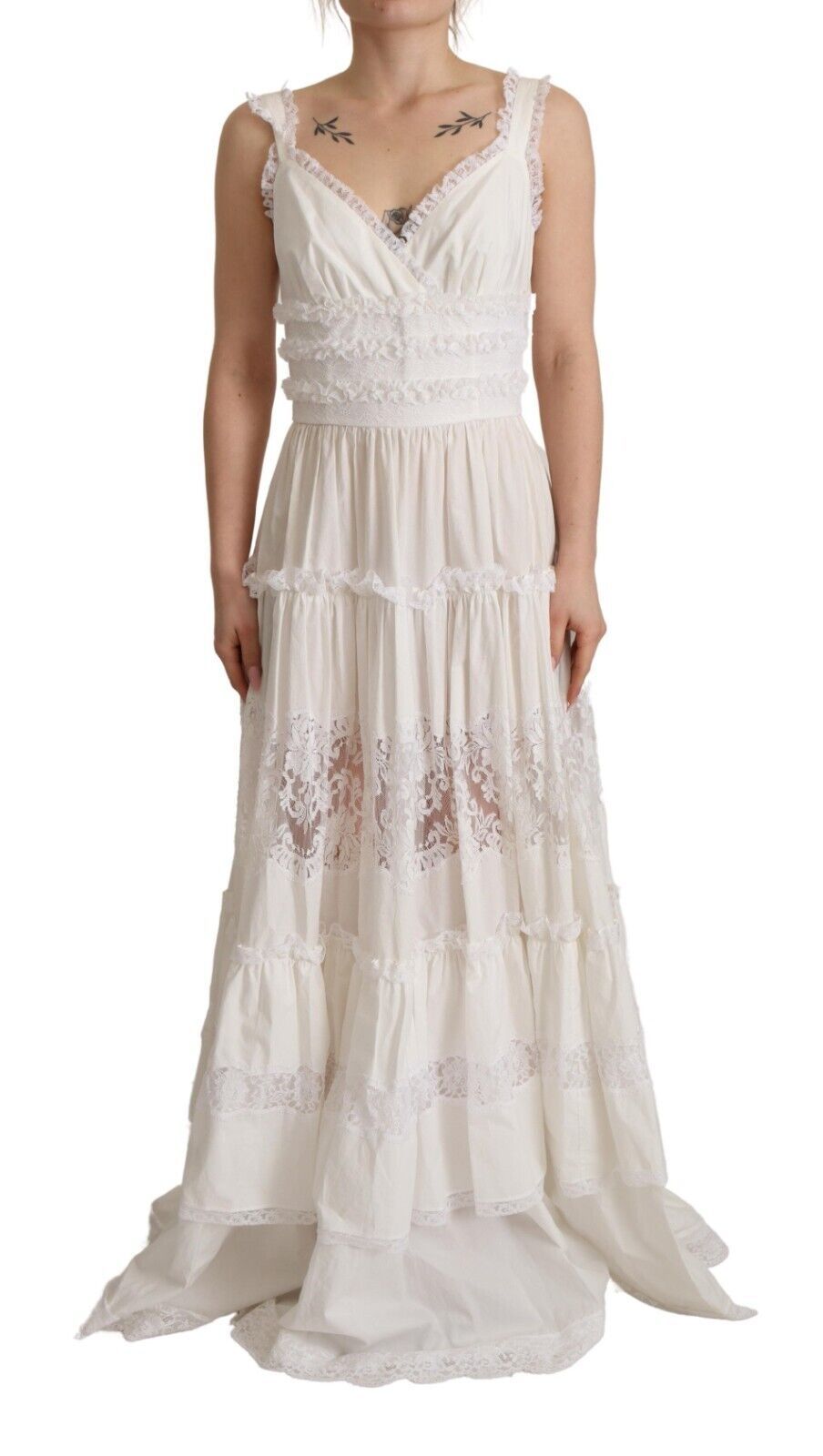 Dolce &amp; Gabbana White Cotton Tiered Long Maxi A-line Dress