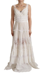 Dolce &amp; Gabbana White Cotton Tiered Long Maxi A-line Dress