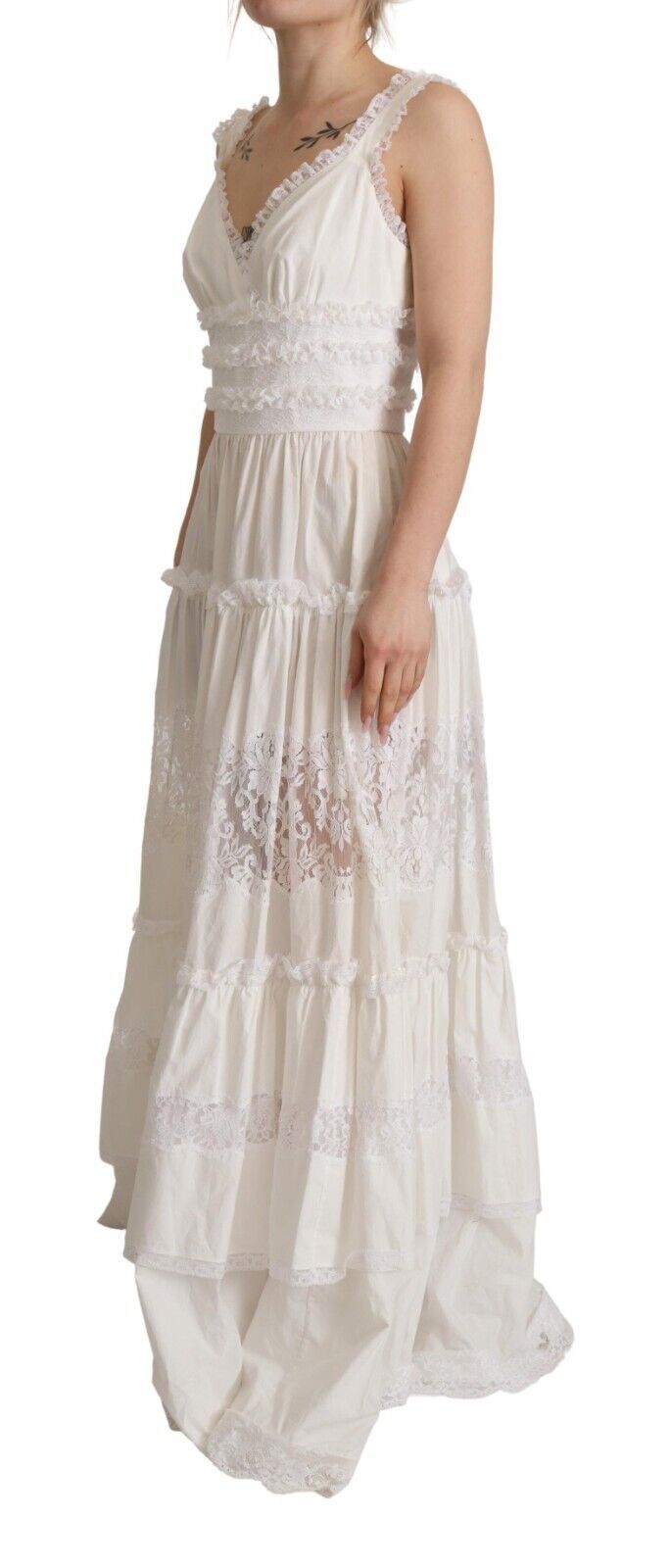 Dolce &amp; Gabbana White Cotton Tiered Long Maxi A-line Dress