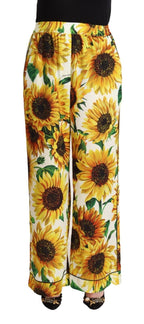 Dolce &amp; Gabbana White Sunflower Print Mid Waist Wide Leg Pants