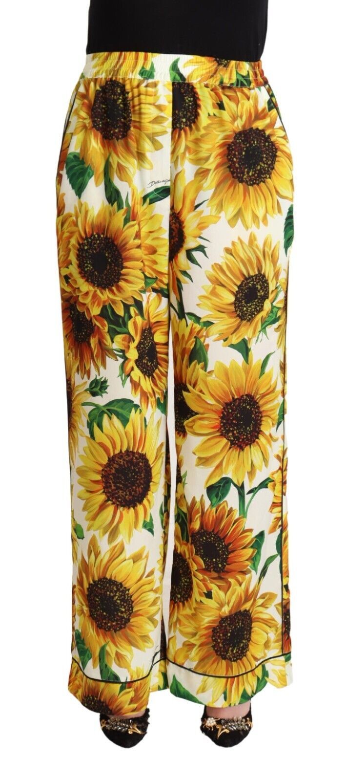 Dolce &amp; Gabbana White Sunflower Print Mid Waist Wide Leg Pants