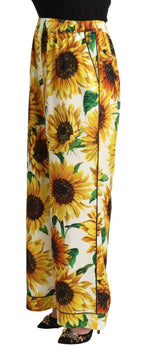 Dolce &amp; Gabbana White Sunflower Print Mid Waist Wide Leg Pants