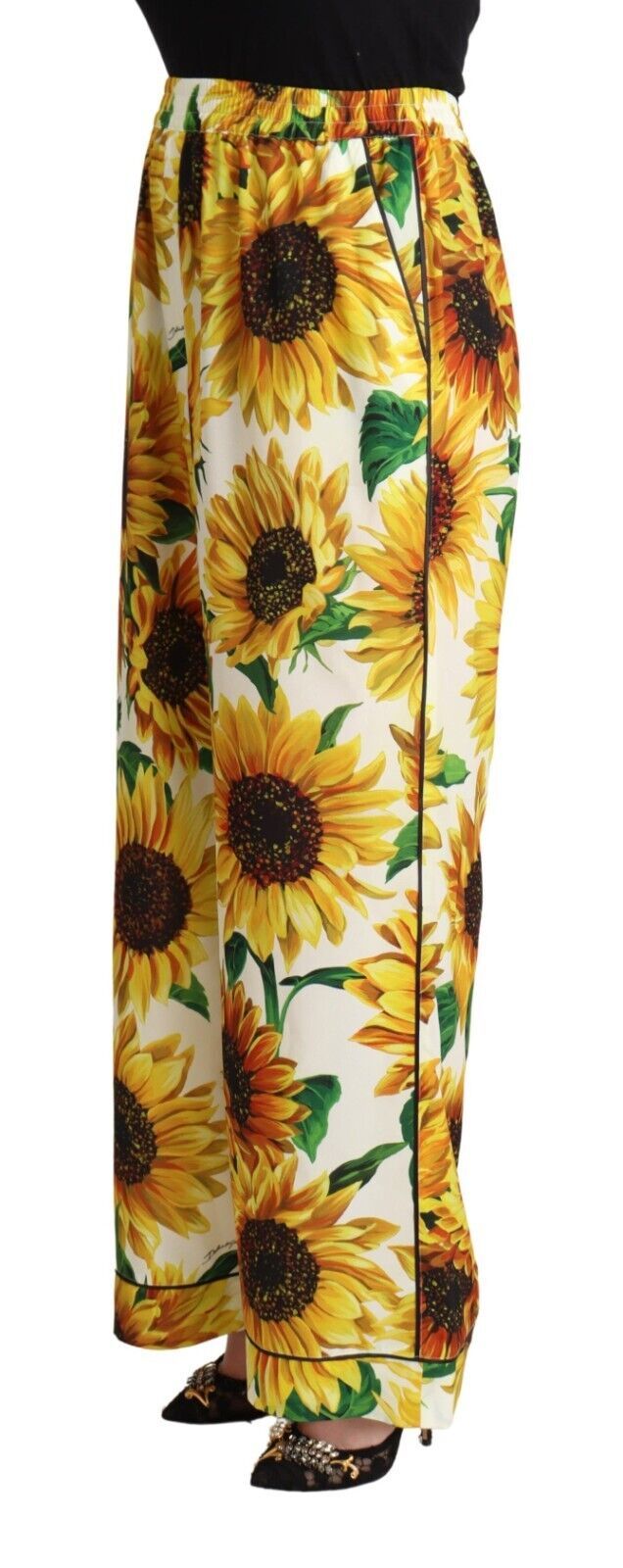 Dolce &amp; Gabbana White Sunflower Print Mid Waist Wide Leg Pants