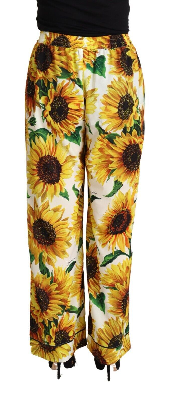 Dolce &amp; Gabbana White Sunflower Print Mid Waist Wide Leg Pants