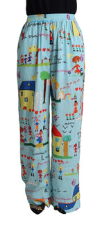 Dolce &amp; Gabbana Light Blue Drawing Mid Waist Wide Leg Pants