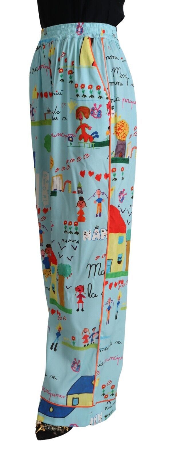 Dolce &amp; Gabbana Light Blue Drawing Mid Waist Wide Leg Pants