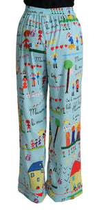 Dolce &amp; Gabbana Light Blue Drawing Mid Waist Wide Leg Pants
