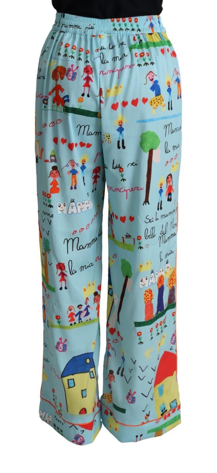 Dolce &amp; Gabbana Light Blue Drawing Mid Waist Wide Leg Pants