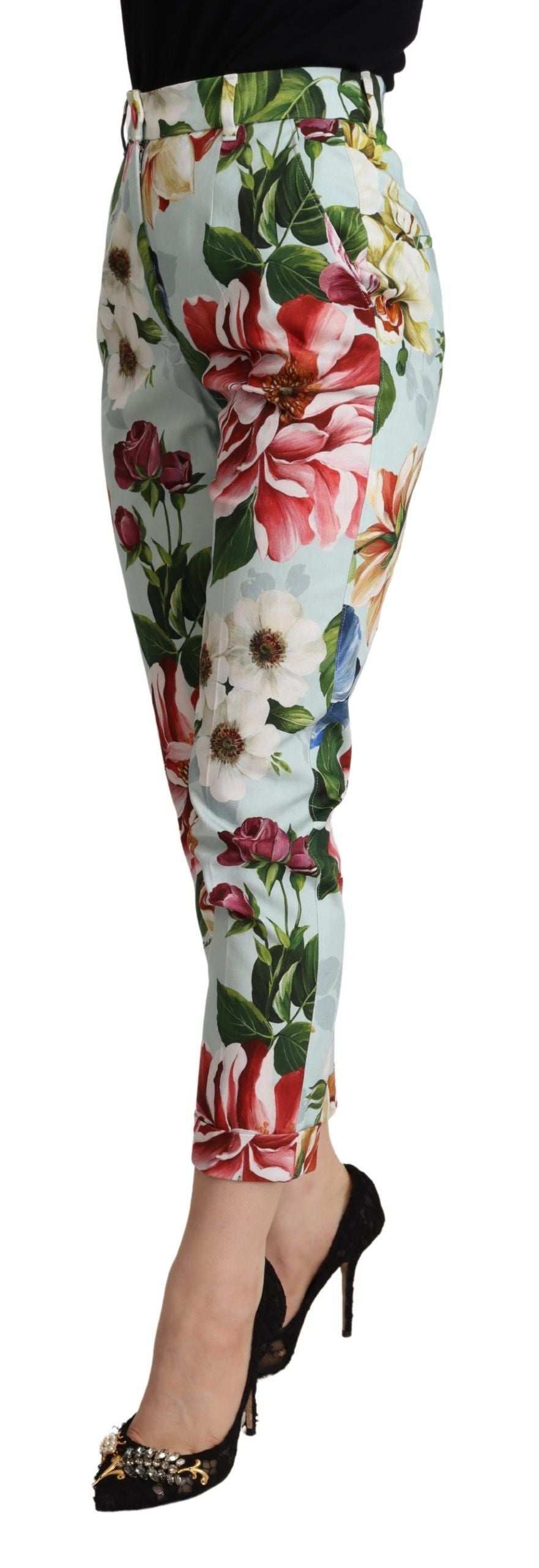 Dolce &amp; Gabbana Light Blue Flowers Print Cotton Trouser Tapered Pants