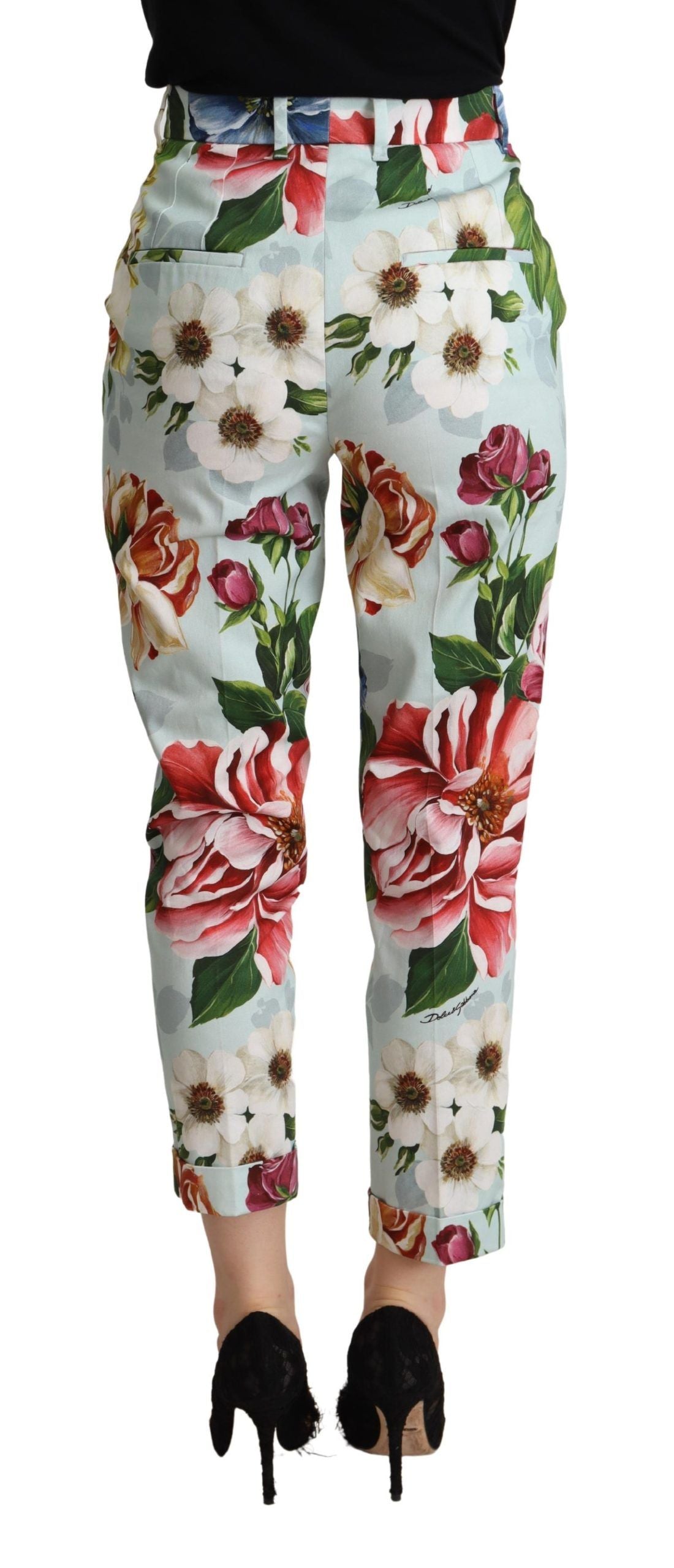 Dolce &amp; Gabbana Light Blue Flowers Print Cotton Trouser Tapered Pants