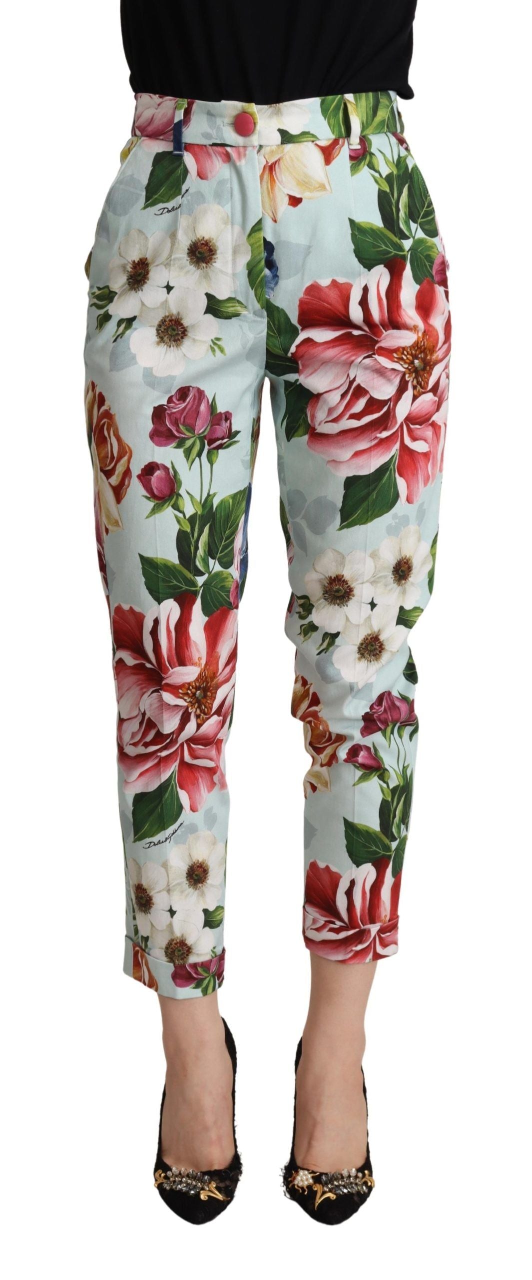 Dolce &amp; Gabbana Light Blue Flowers Print Cotton Trouser Tapered Pants