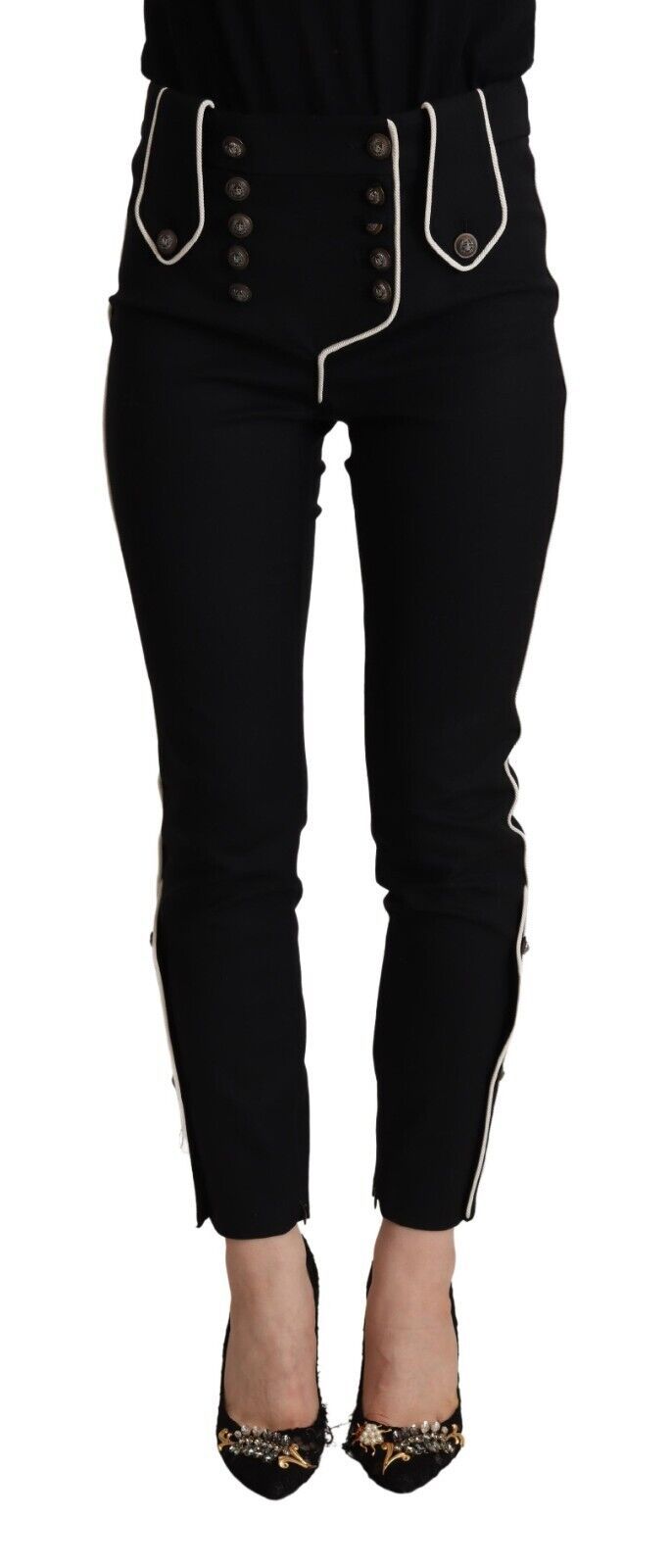 Dolce &amp; Gabbana Black Mid Waist Button Embellished Slim Fit Pants