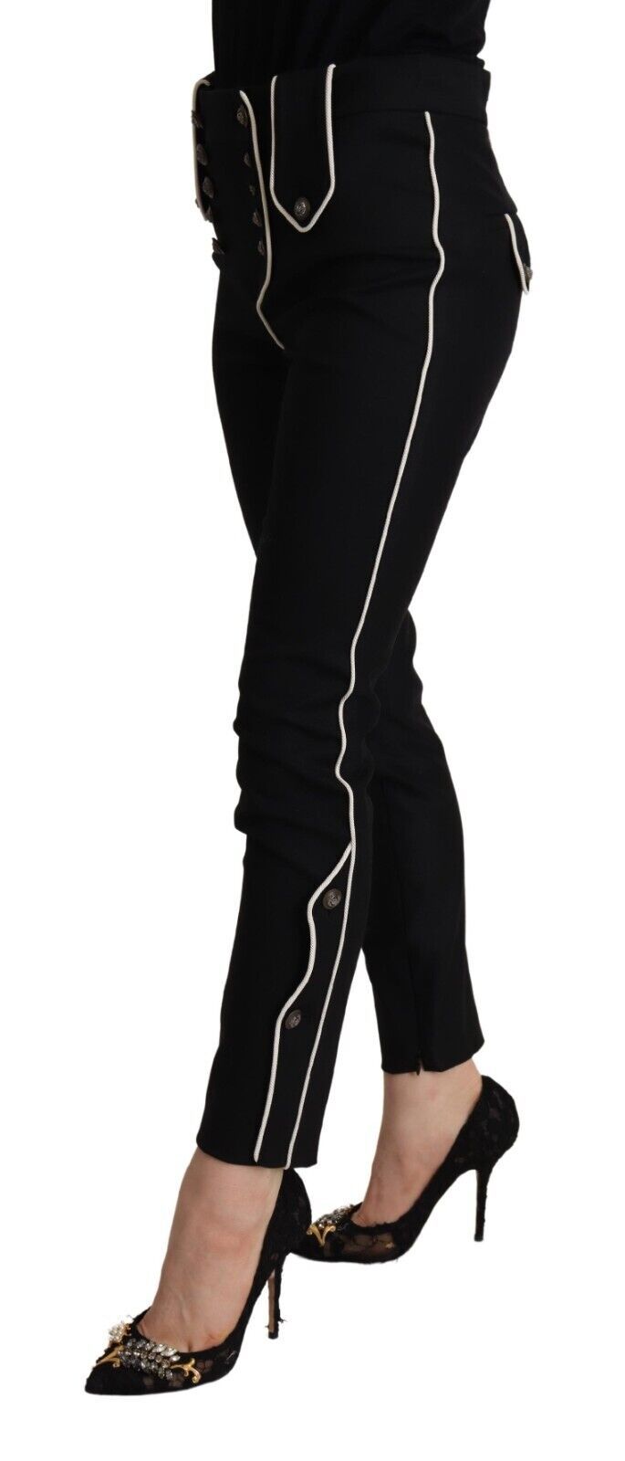 Dolce &amp; Gabbana Black Mid Waist Button Embellished Slim Fit Pants