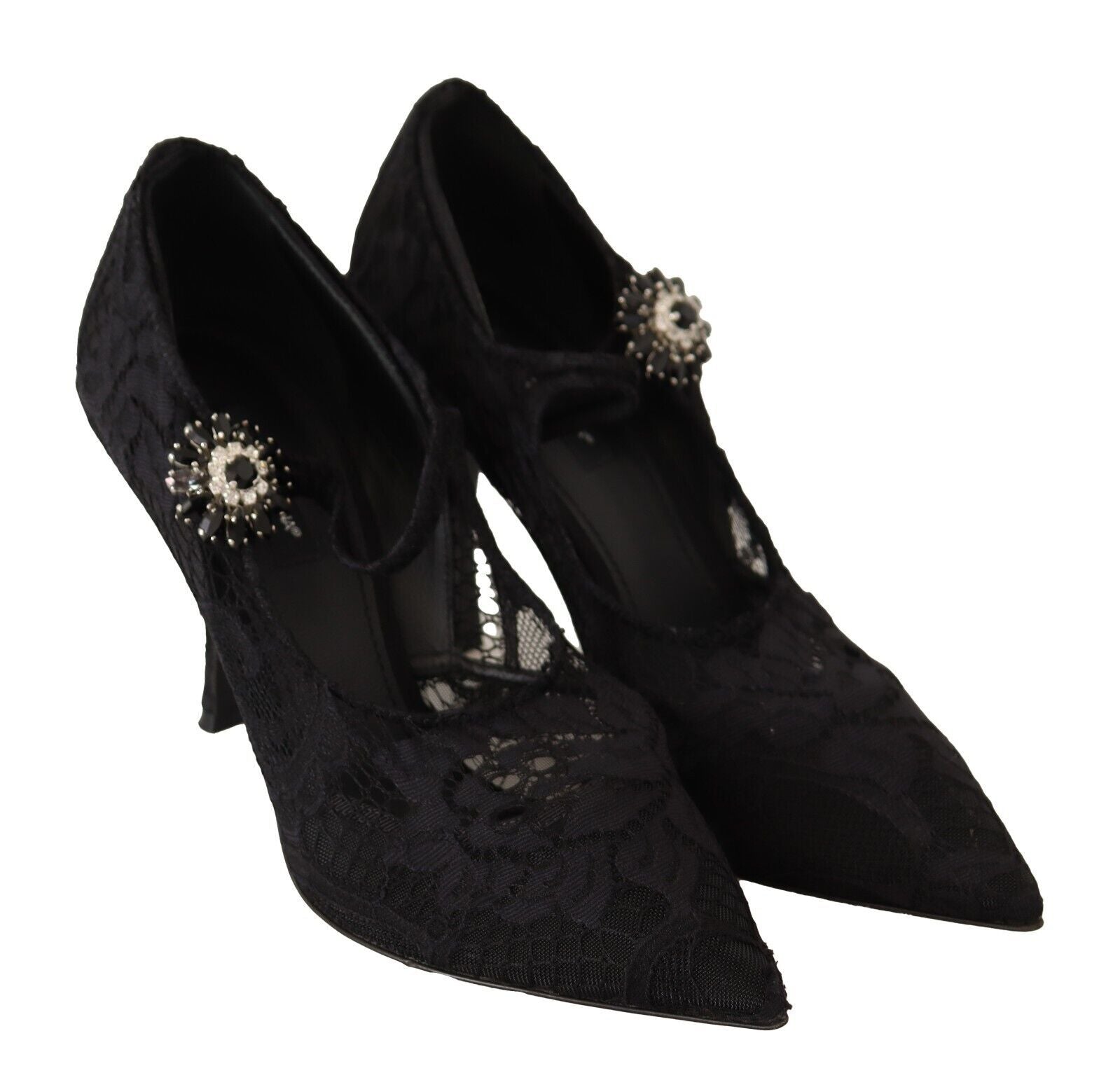 Dolce &amp; Gabbana Black Lace Crystals Heels Mary Jane Pumps Shoes