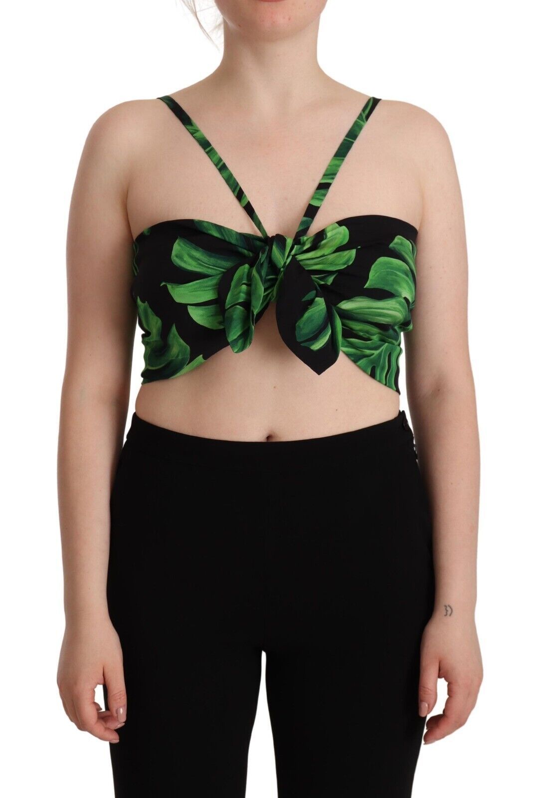 Dolce &amp; Gabbana Black Green Leaf Silk Halter Cropped Top