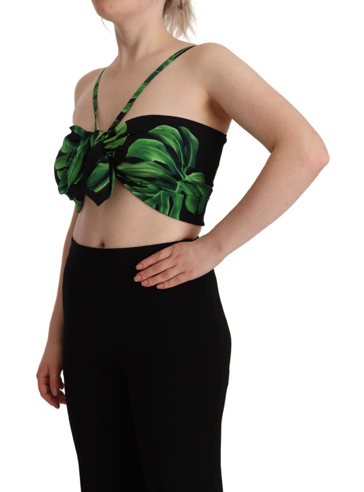 Dolce &amp; Gabbana Black Green Leaf Silk Halter Cropped Top