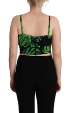 Dolce &amp; Gabbana Black Green Leaf Silk Halter Cropped Top
