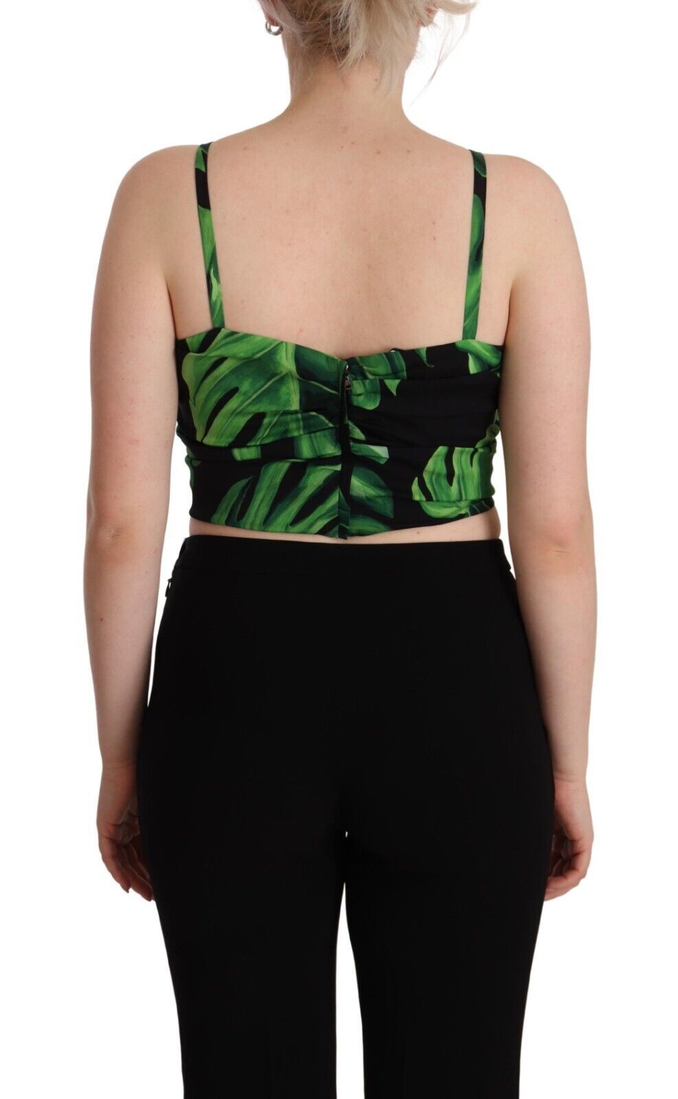 Dolce &amp; Gabbana Black Green Leaf Silk Halter Cropped Top