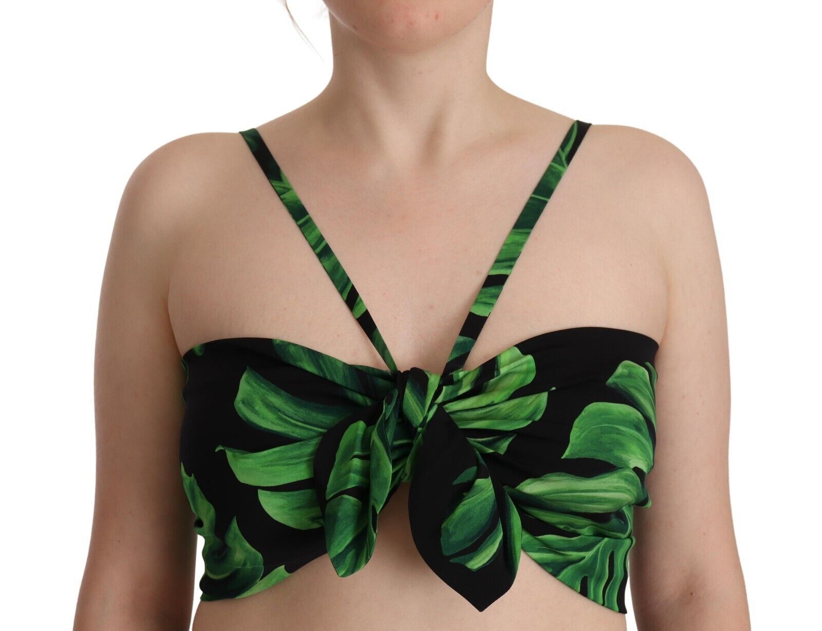 Dolce &amp; Gabbana Black Green Leaf Silk Halter Cropped Top