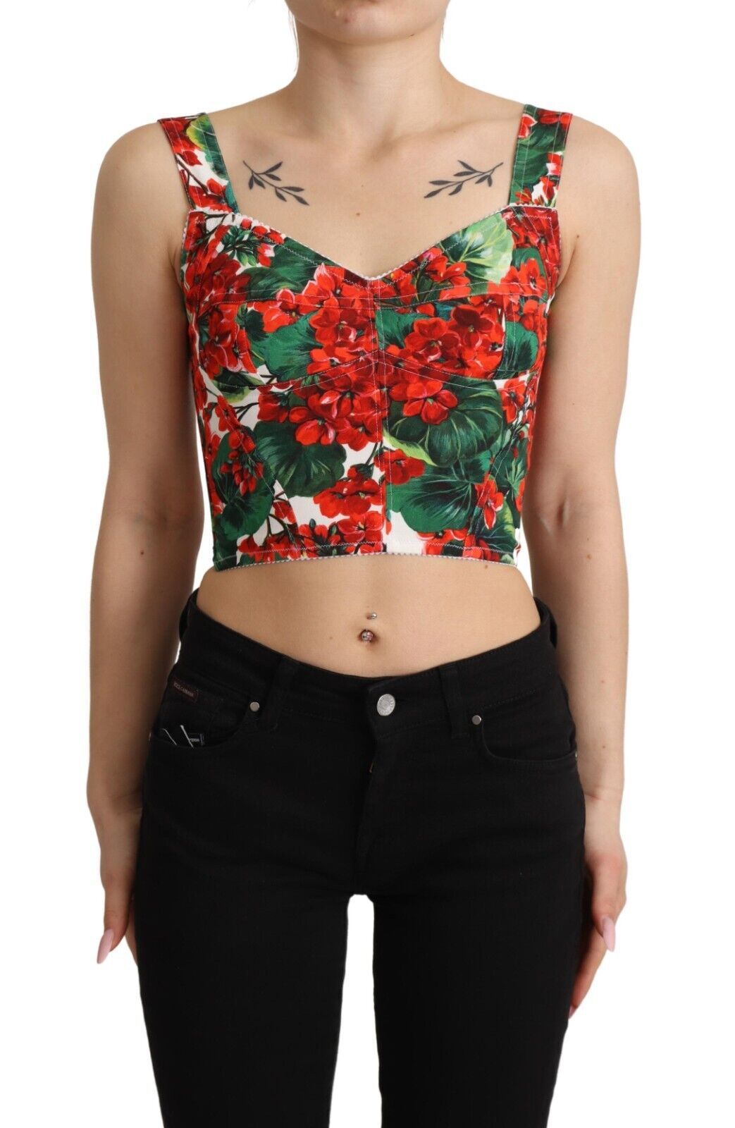 Dolce &amp; Gabbana Red Geranium Print Viscose Sweetheart Cropped Top