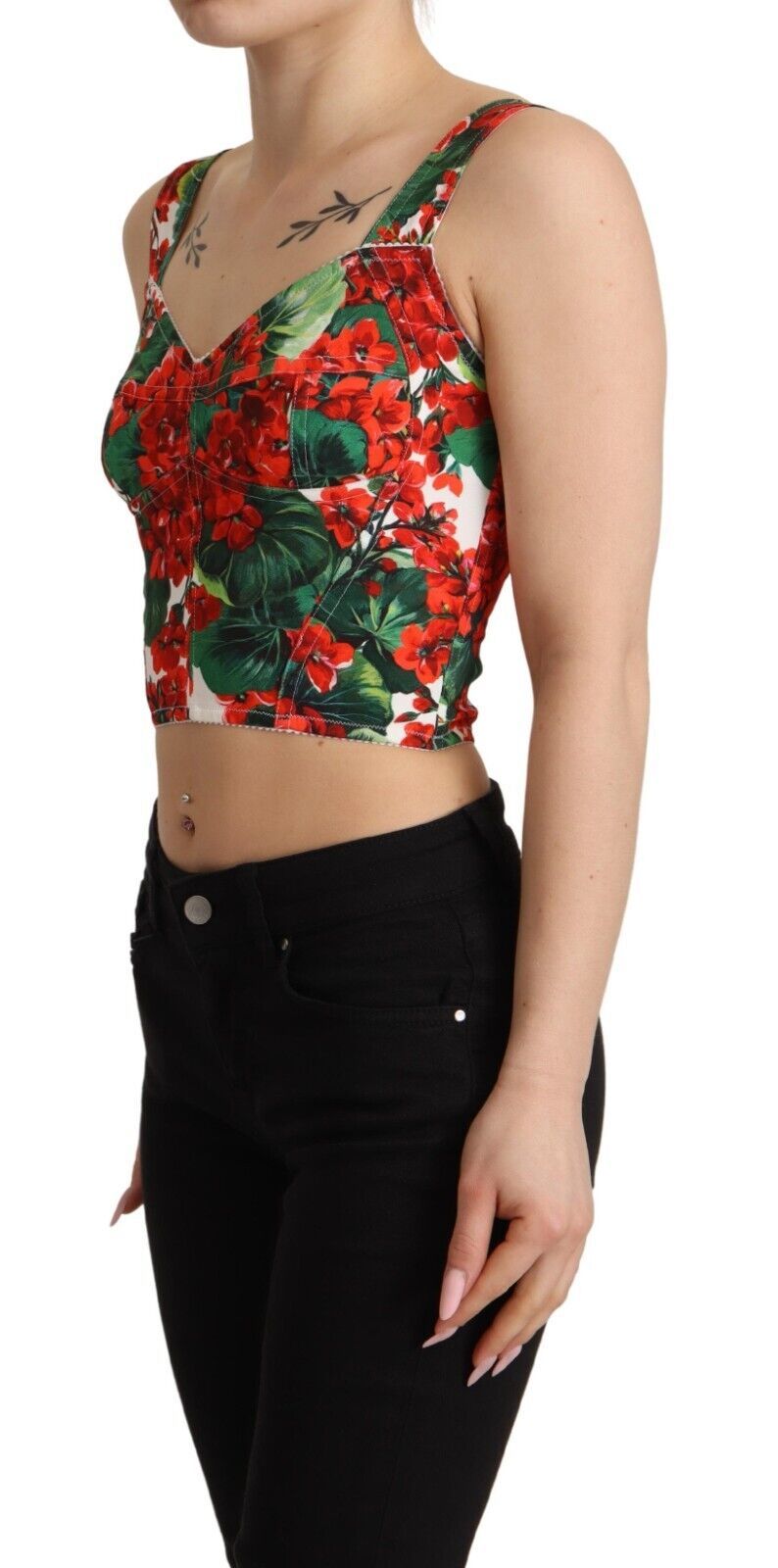 Dolce &amp; Gabbana Red Geranium Print Viscose Sweetheart Cropped Top