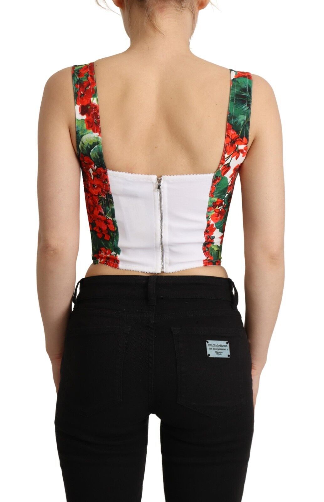 Dolce &amp; Gabbana Red Geranium Print Viscose Sweetheart Cropped Top