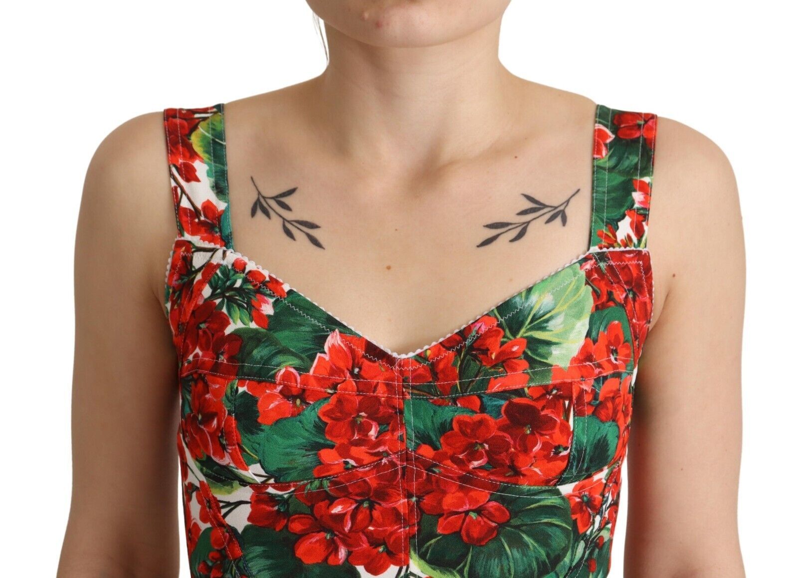 Dolce &amp; Gabbana Red Geranium Print Viscose Sweetheart Cropped Top