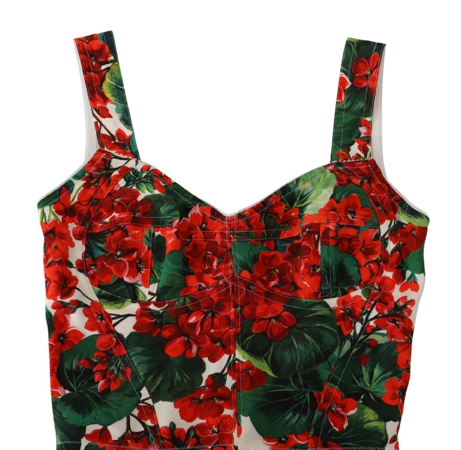 Dolce &amp; Gabbana Red Geranium Print Viscose Sweetheart Cropped Top