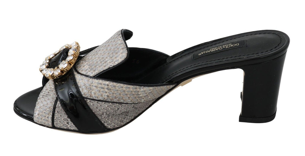 Dolce &amp; Gabbana Black Gray Exotic Leather Crystals Sandals Shoes