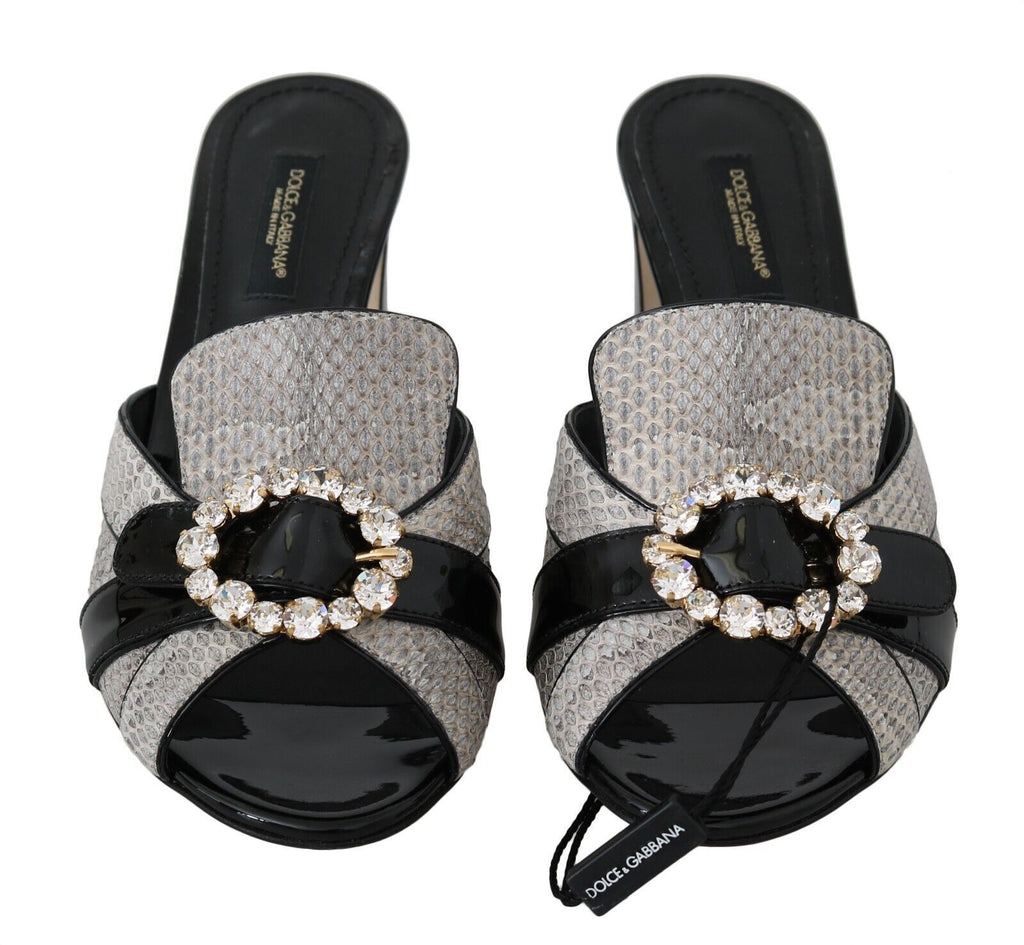 Dolce &amp; Gabbana Black Gray Exotic Leather Crystals Sandals Shoes