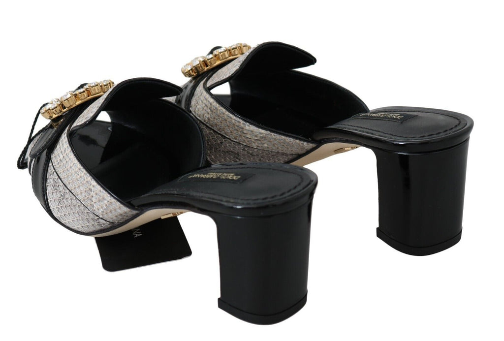 Dolce &amp; Gabbana Black Gray Exotic Leather Crystals Sandals Shoes