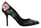 Dolce &amp; Gabbana Black Leather Roses High Heels Pumps Shoes